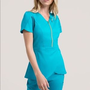 Jaanuu Teal Scrubs Set - Tulip Top + Moto Pants XS